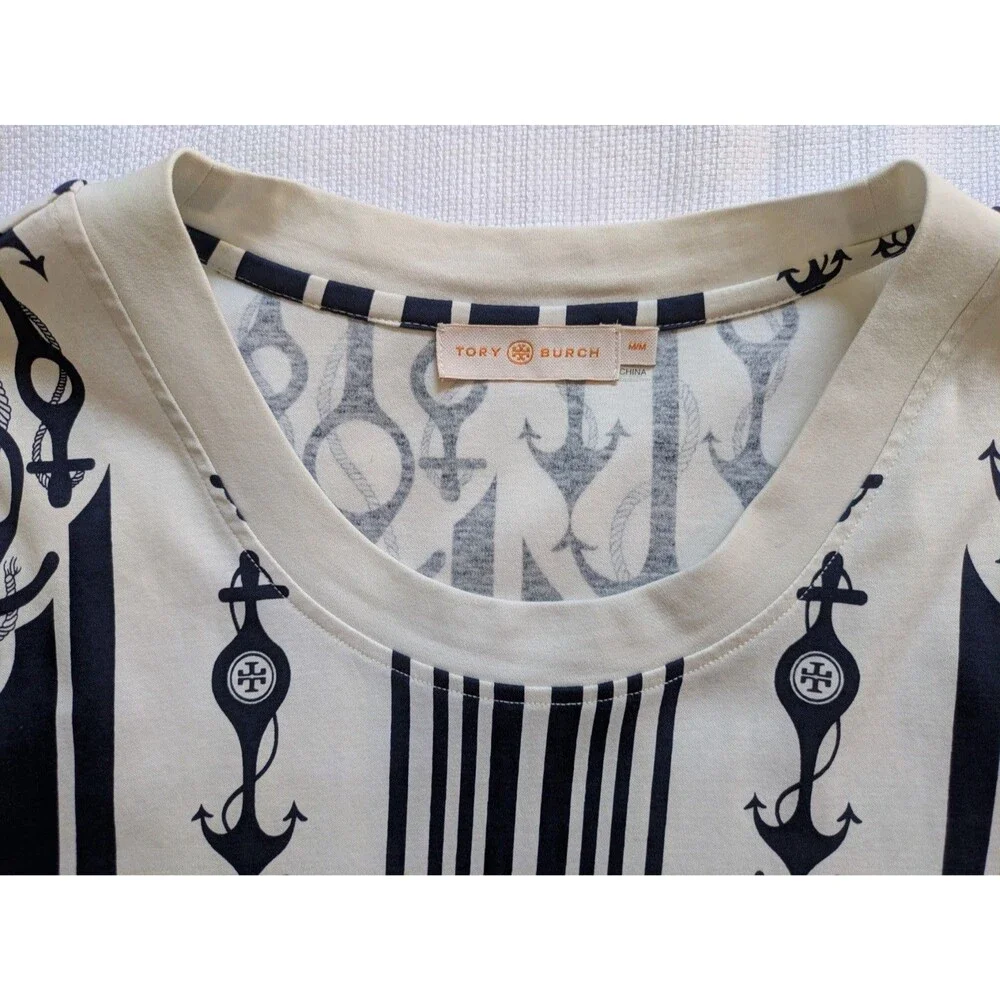 Tory Burch Women’s White And Navy Nautical Seafaring Top Size Medium